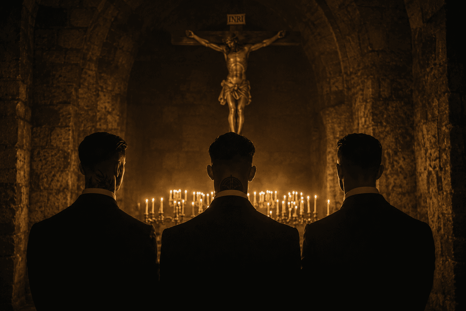 Convicted Gentlemen brotherhood gathered in formal black attire