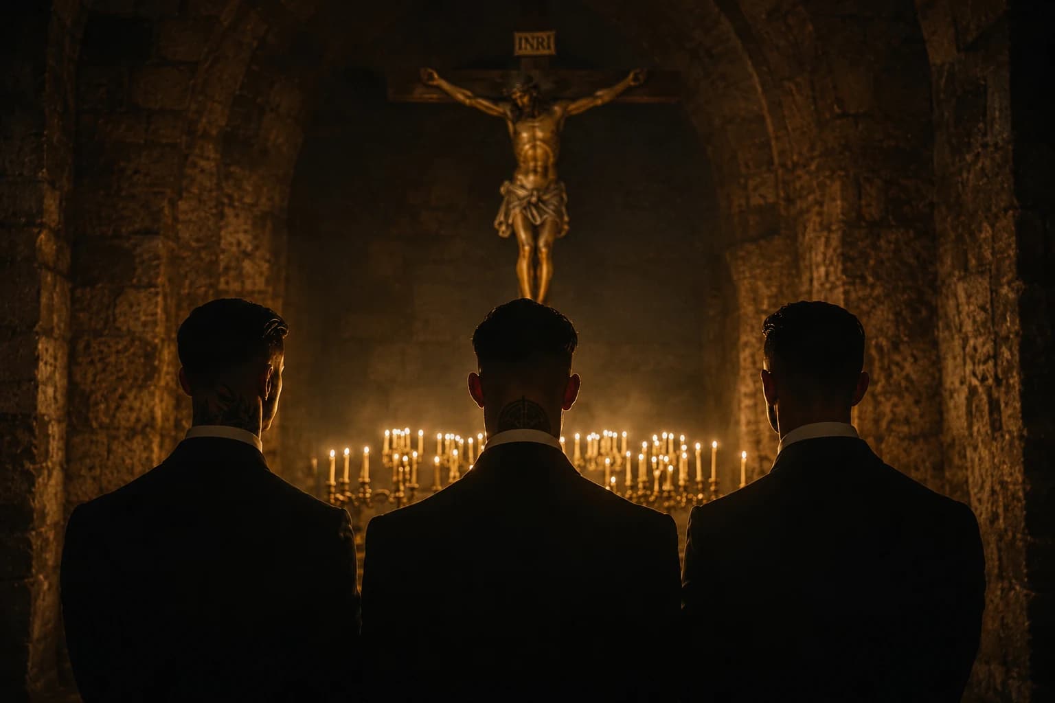 Convicted Gentlemen brotherhood gathered in formal black attire