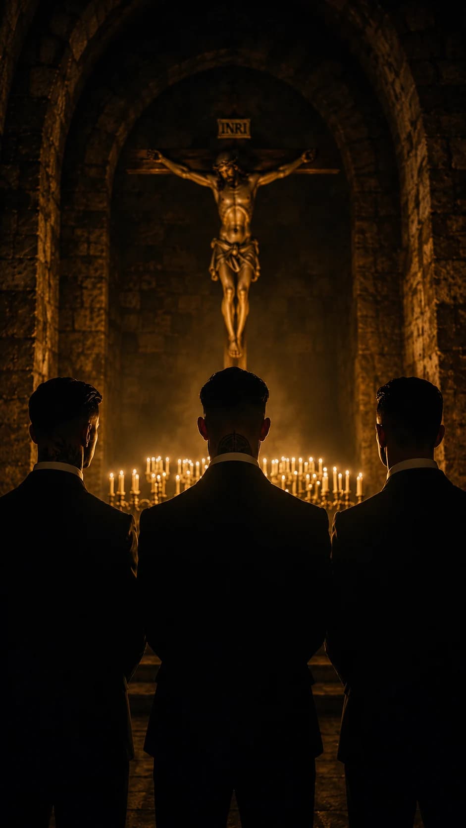 Convicted Gentlemen brotherhood gathered in formal black attire
